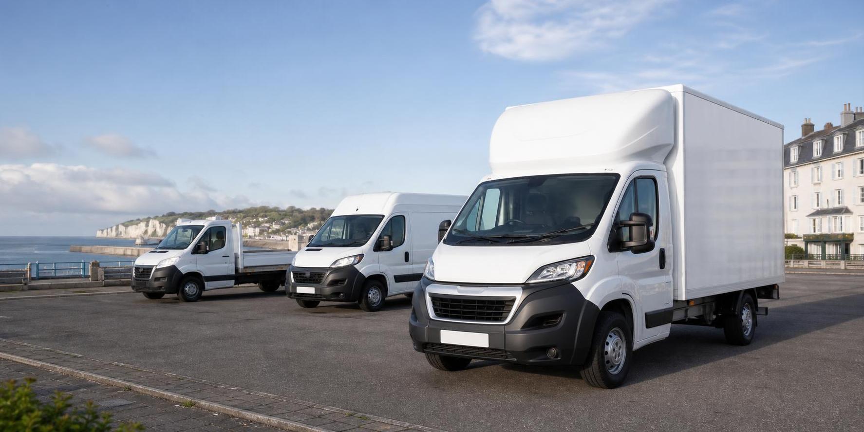 Clean vehicle hire fleet with a white Luton van in the foreground on a roadside in the Folkestone area