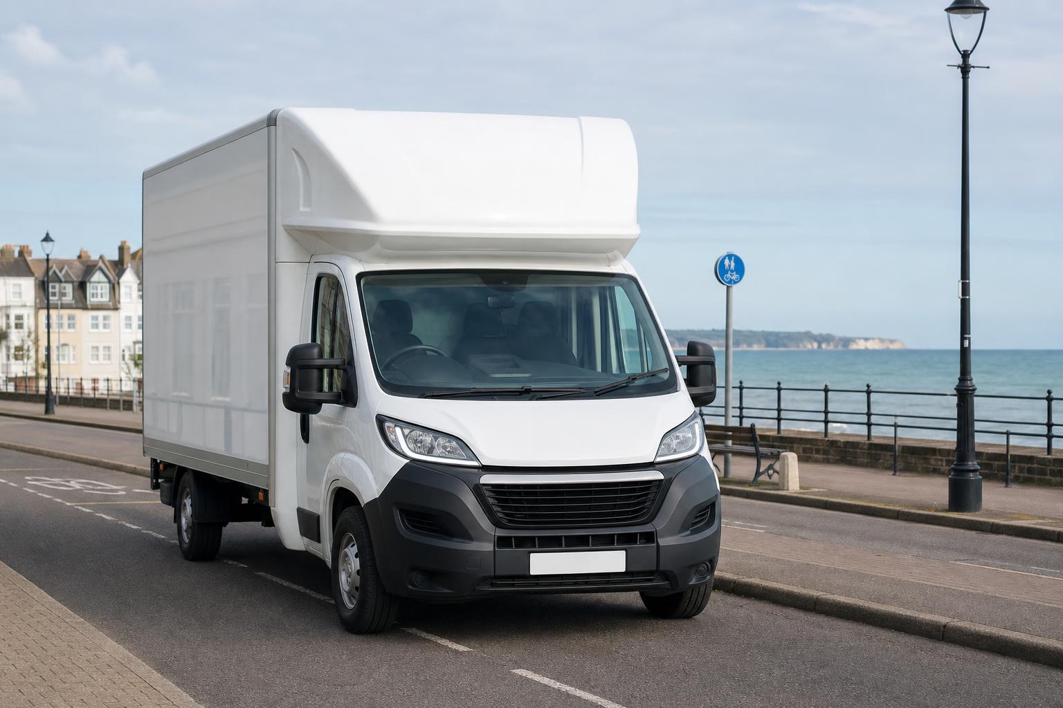 White Luton van parked on a quiet road near Sandgate seafront with the coast in the background