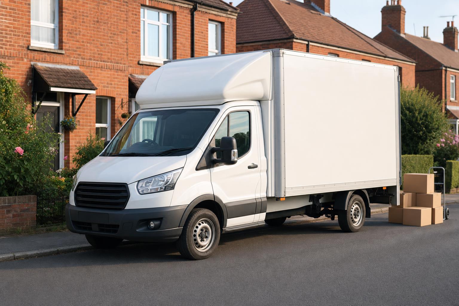 White box van on a tidy residential street in Cheriton with moving boxes nearby