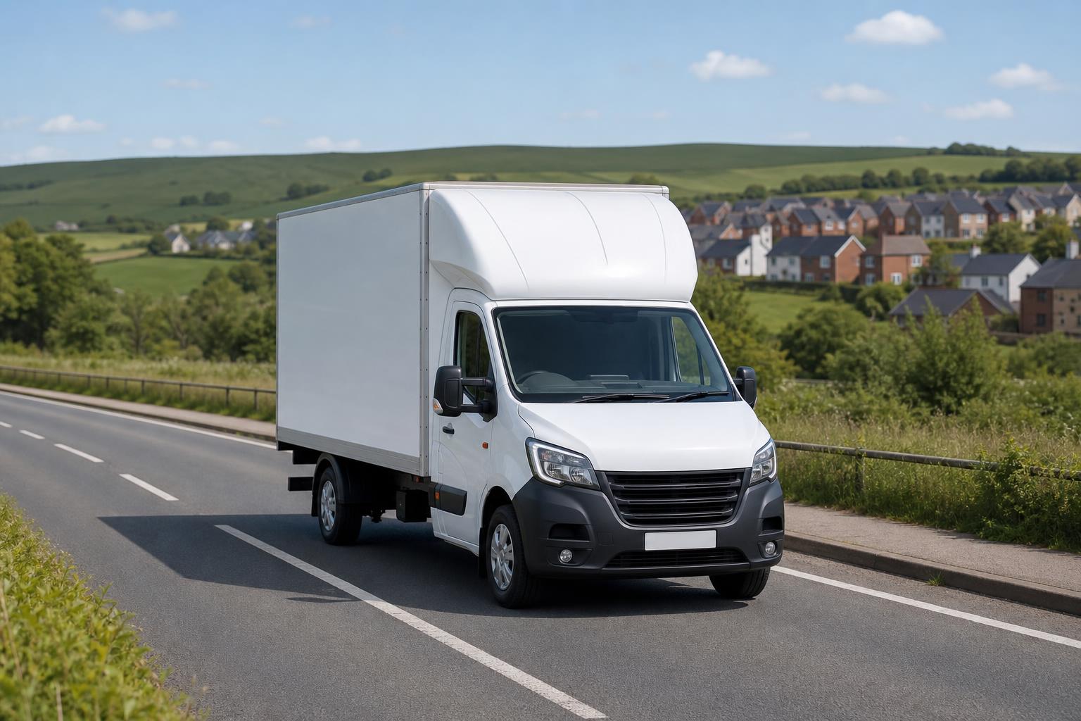 Clean white Luton van driving on a road near Hawkinge with hillside surroundings