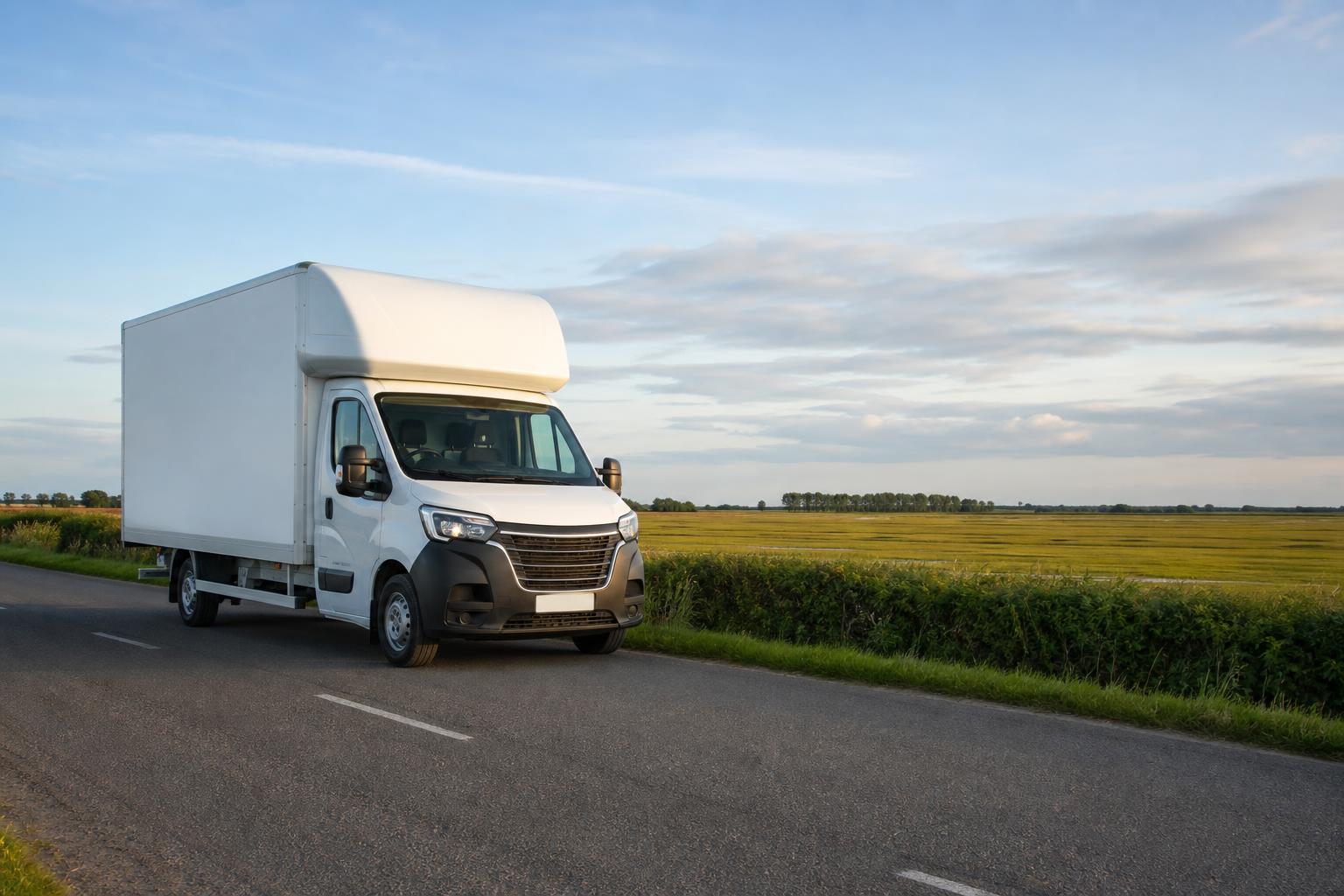 White Luton van on a quiet rural road near New Romney with open marshland scenery