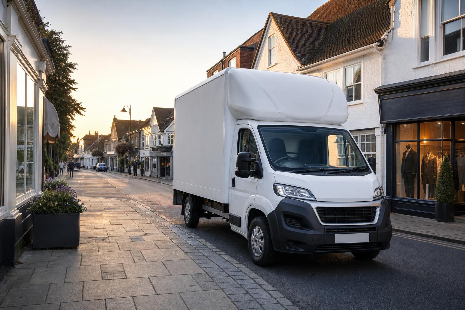 White Luton van parked near Hythe town centre on a tidy traditional street